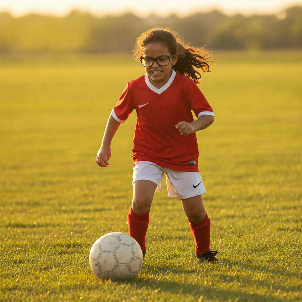 Young girl playing soccer at sunset — her glasses sliding down her nose mid-game, frustrated trying to see the ball